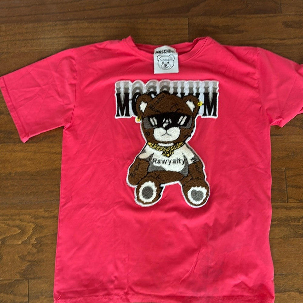 Moschino couture pink embroidered bear and name